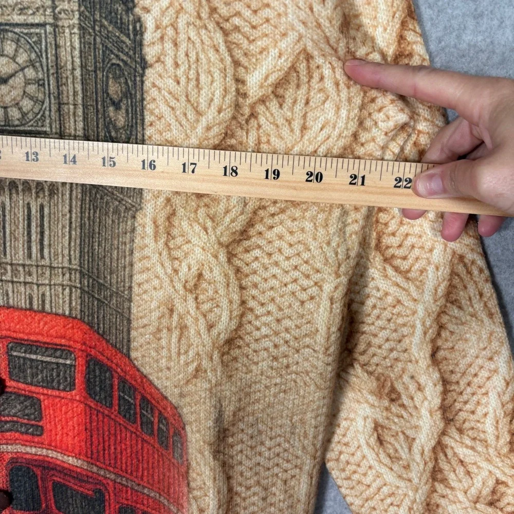 London Cardigan Sweater Large Tan Big Ben Red Bus Cable Knit Westminster Print - Picture 5 of 9